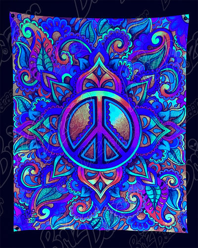 Blacklight Reactive Tapestry of PEACE LOVE PAISLEY