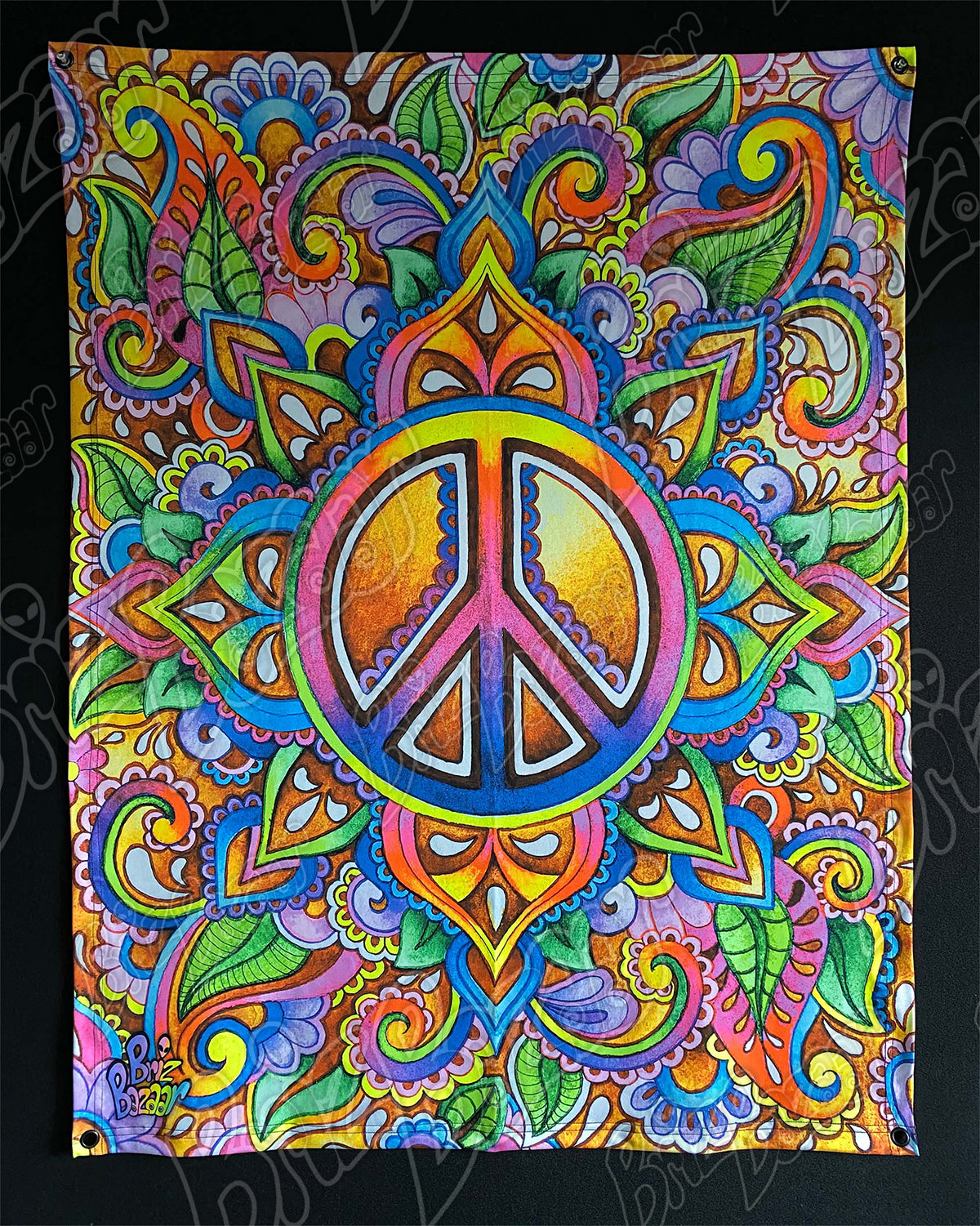 Blacklight Reactive Tapestry of PEACE LOVE PAISLEY